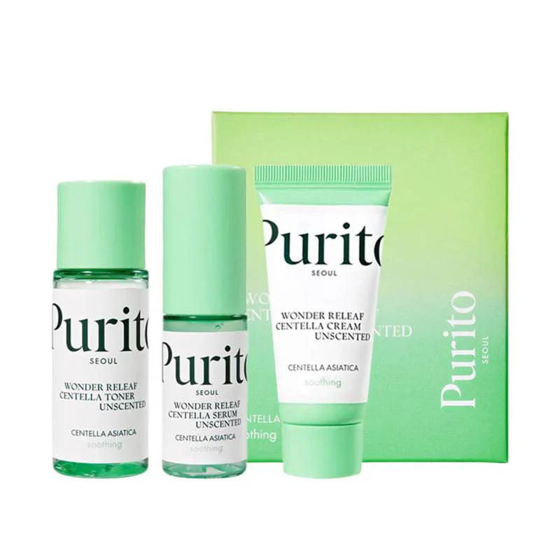 [PURITO SEOUL] Wonder Releaf Centella Mini Kit Unscented – Serum 15ml + Toner 30ml + Cream 15ml (Travel Skincare Set for sensitive skin)| korean skincare.pk
