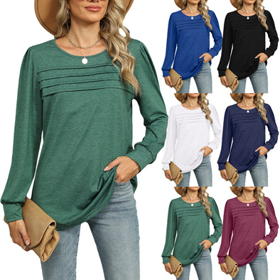 Solid Color U-neck Pleated Long-sleeved T-shirt Top For Women